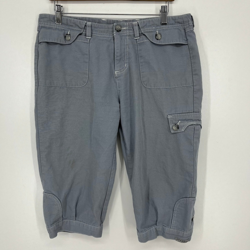 Prana Womens Blue Grey Cotton Canvas Cargo Capri Hiking Pants Size L Vtg Y2K